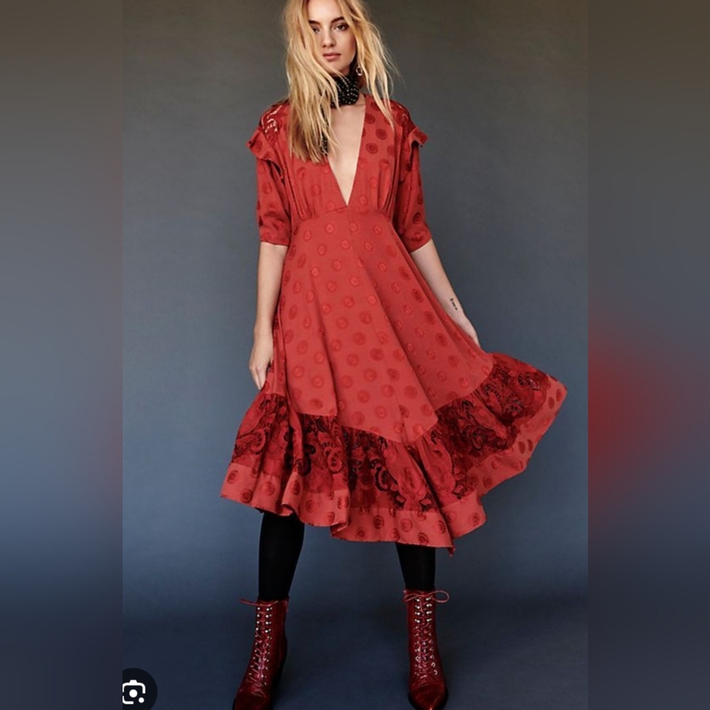 Free People Stevie Red Lace Midi Dress